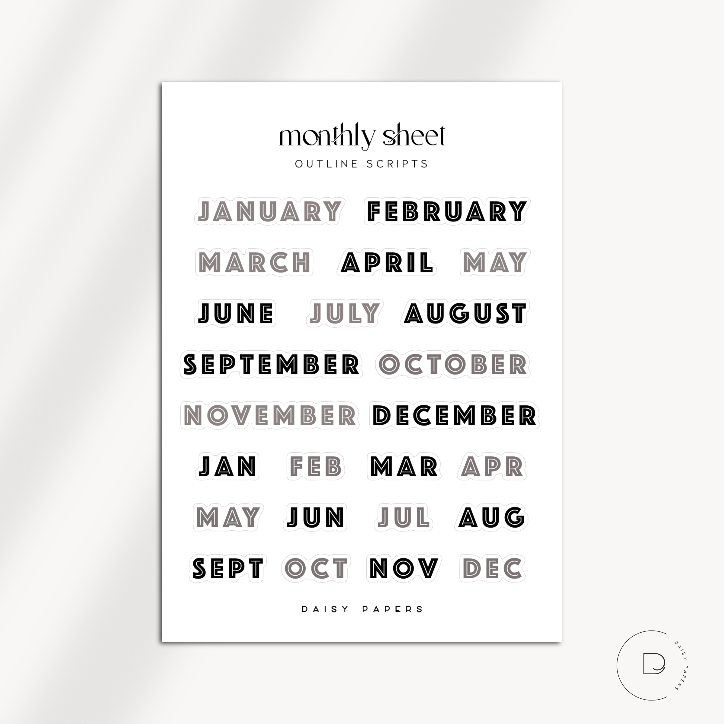 Monthly Sheet - Outline / Fancy Scripts