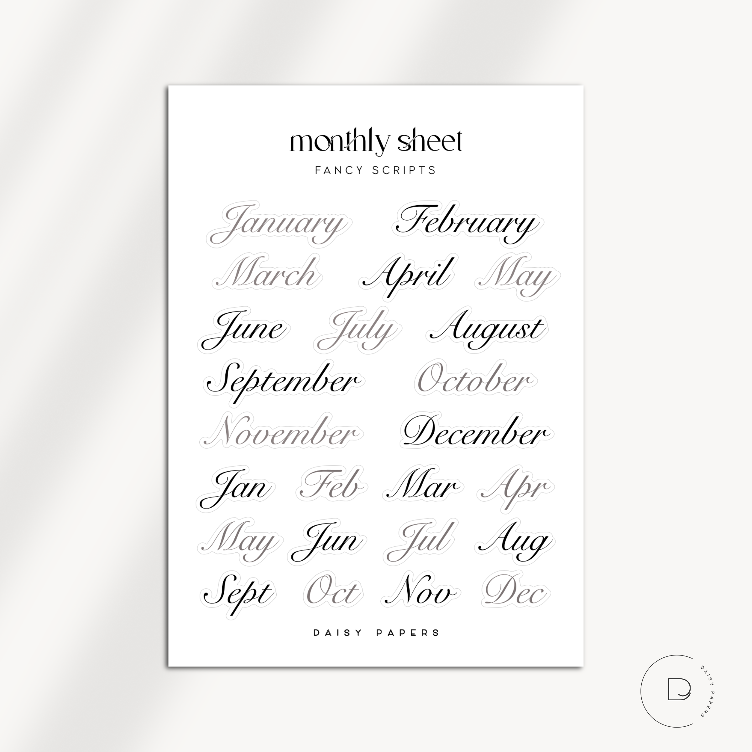Monthly Sheet - Outline / Fancy Scripts