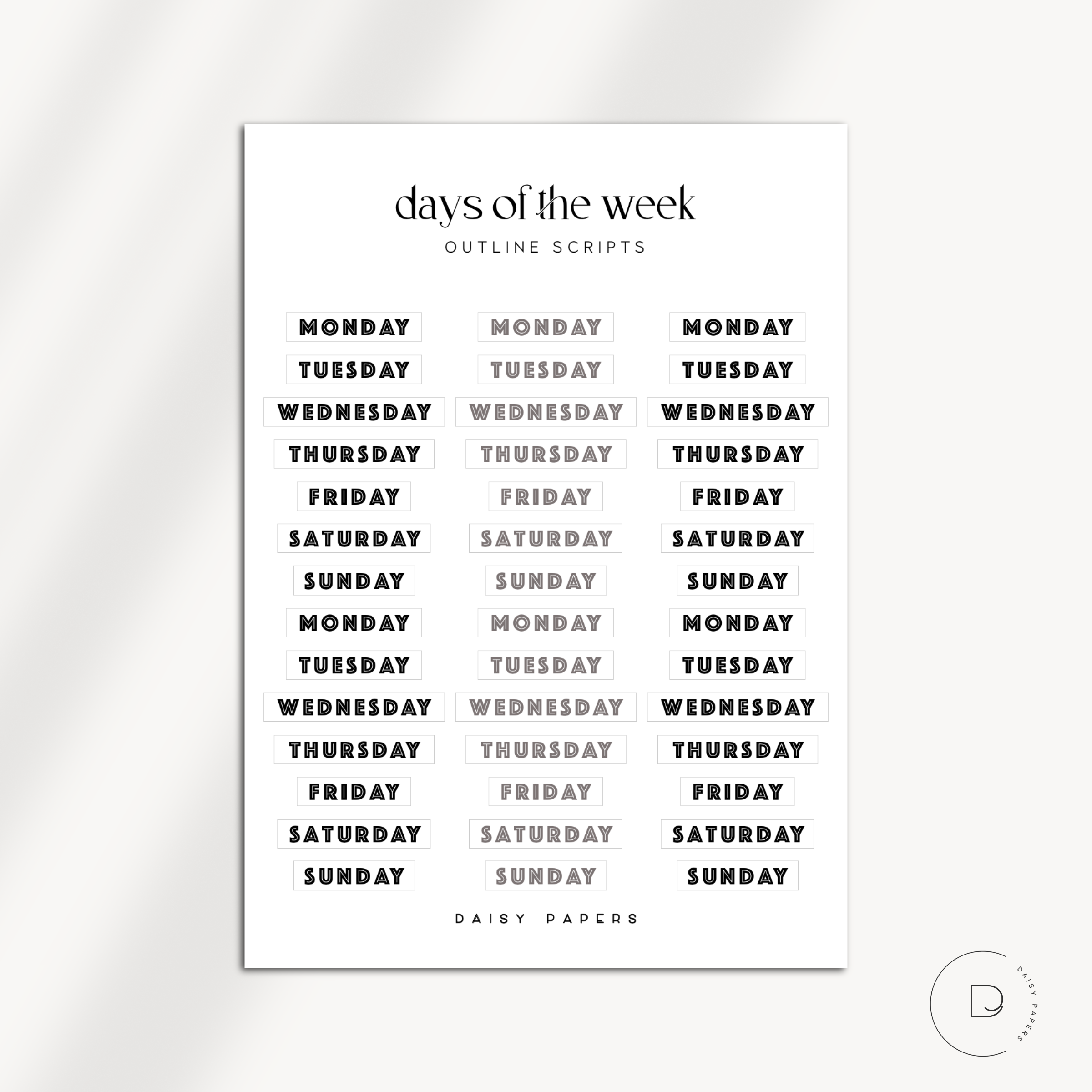 Days Of The Week - Outline / Fancy Scripts