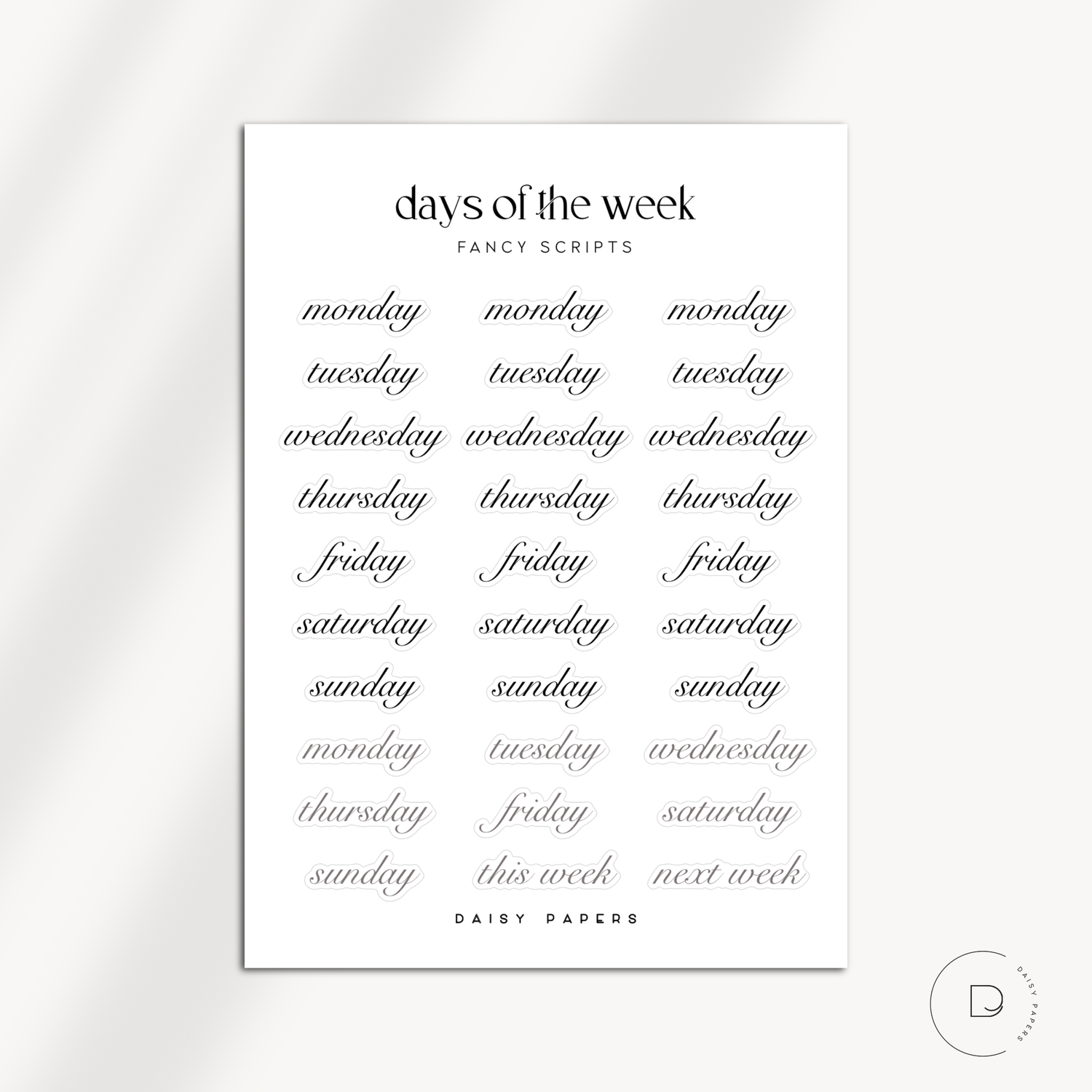 Days Of The Week - Outline / Fancy Scripts