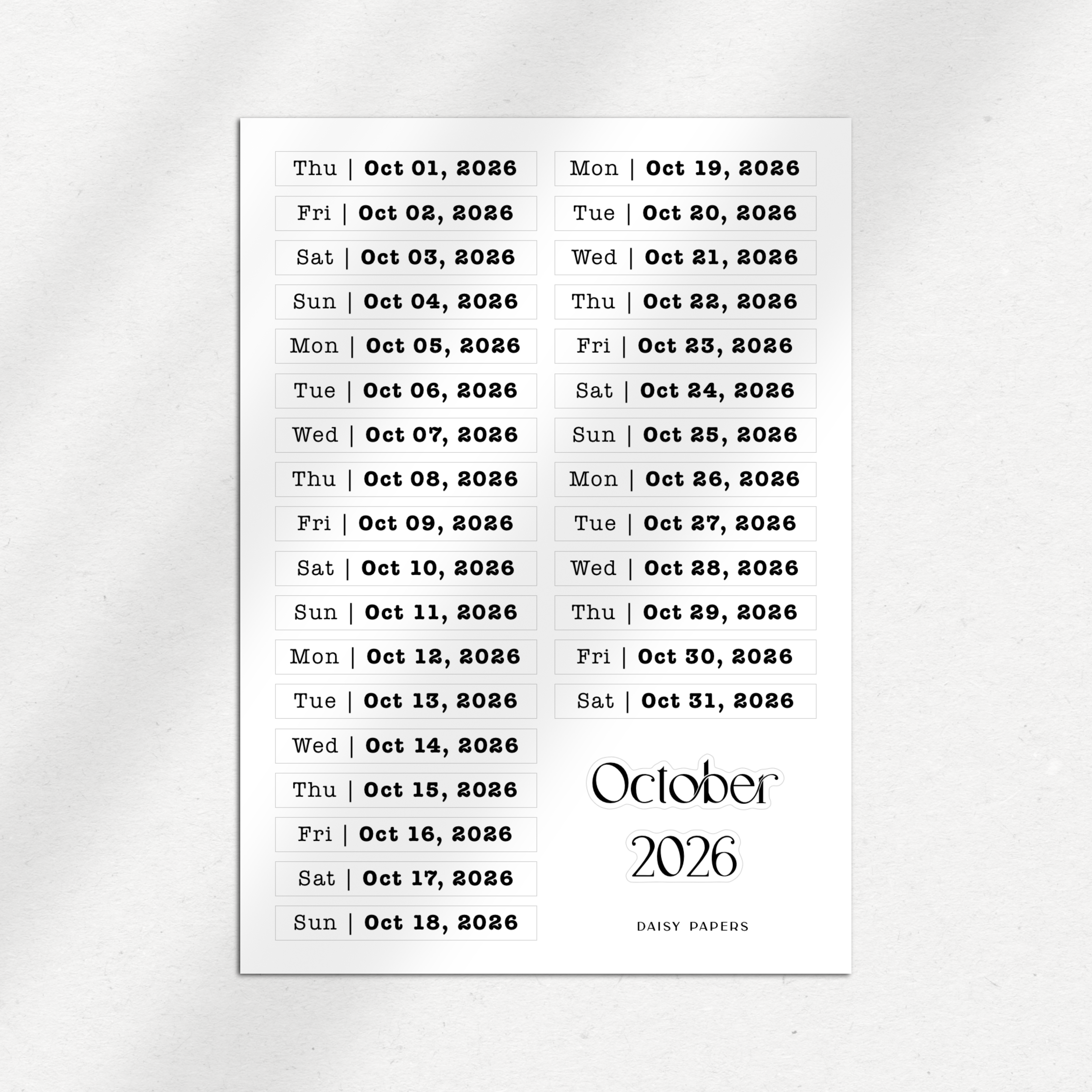 2026 Daily Date Labels - January to December