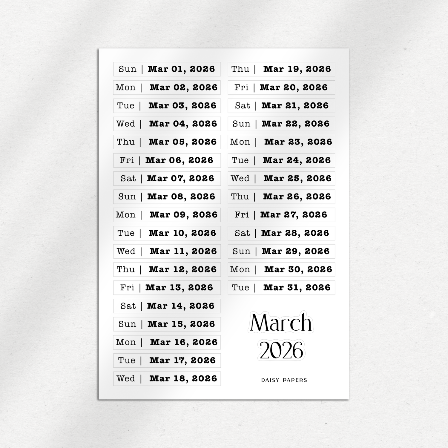 2026 Daily Date Labels - January to December