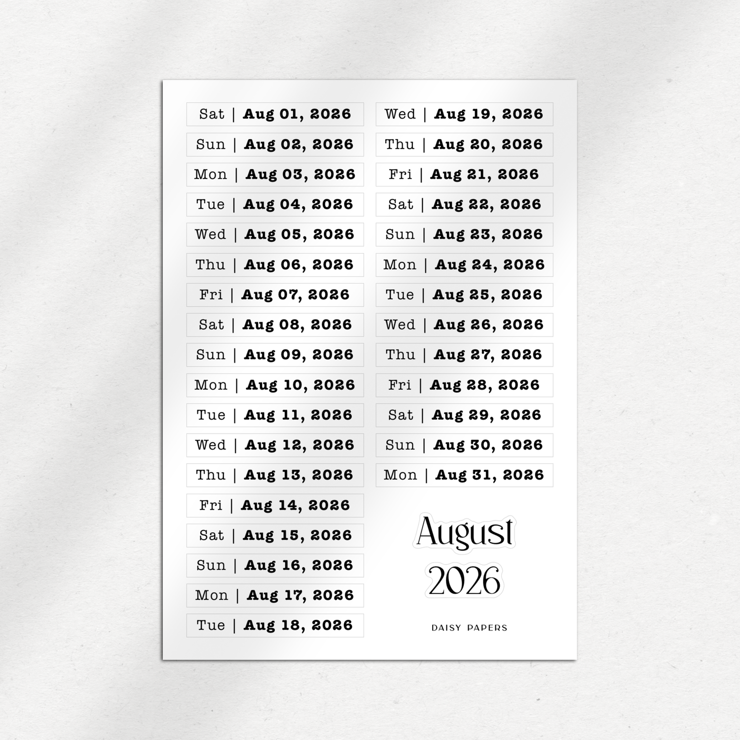 2026 Daily Date Labels - January to December