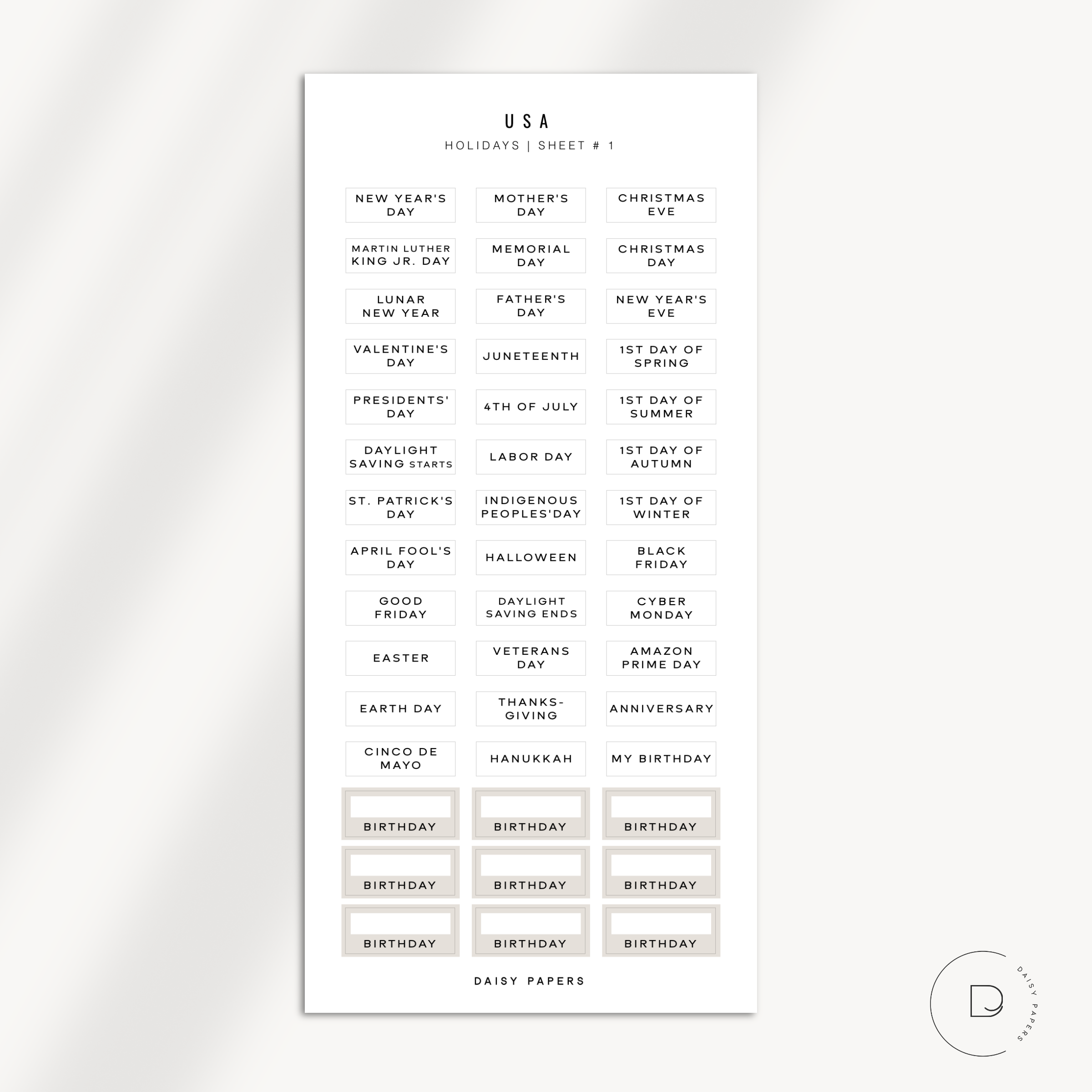 Hobonichi Weeks - USA Holiday Labels