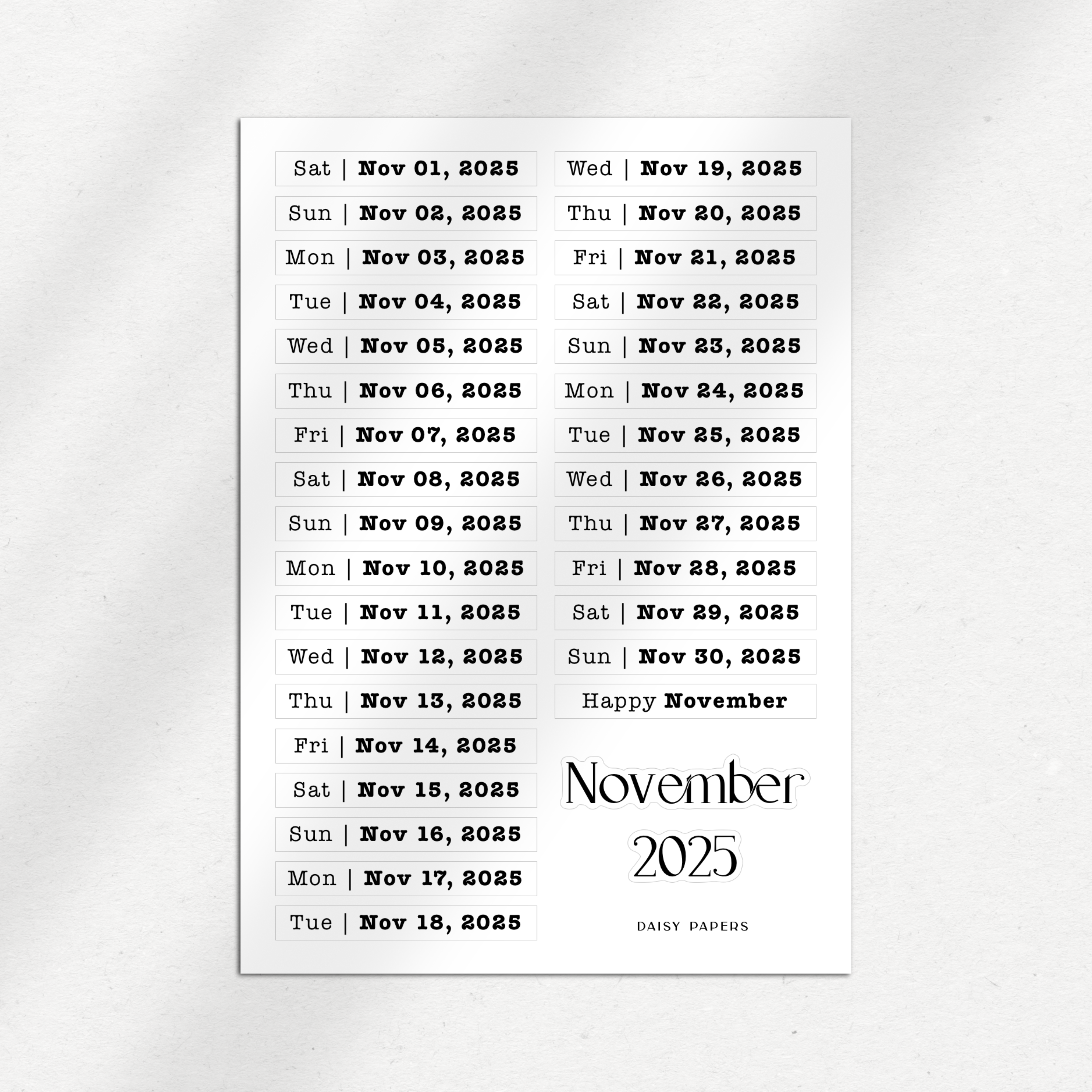 2025 Daily Date Labels - January to December