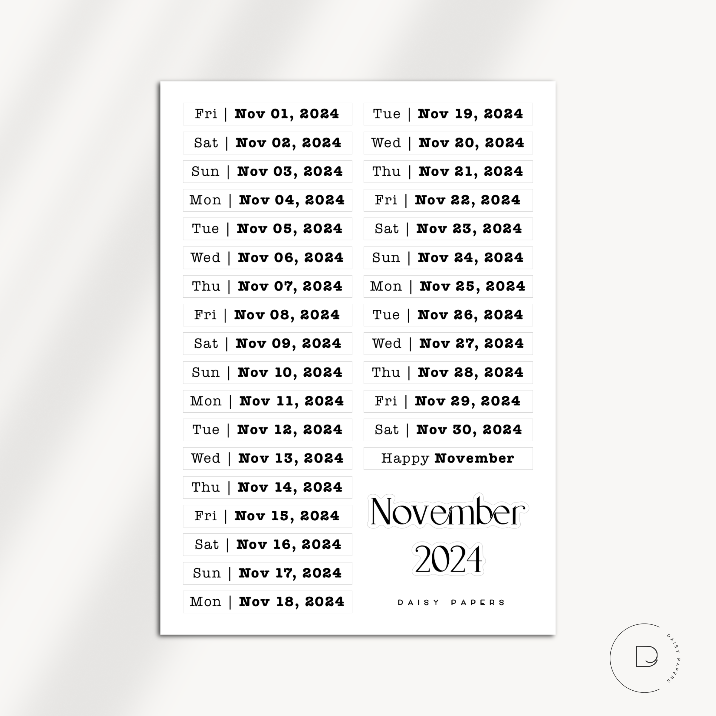 2024 Daily Date Labels - January to December