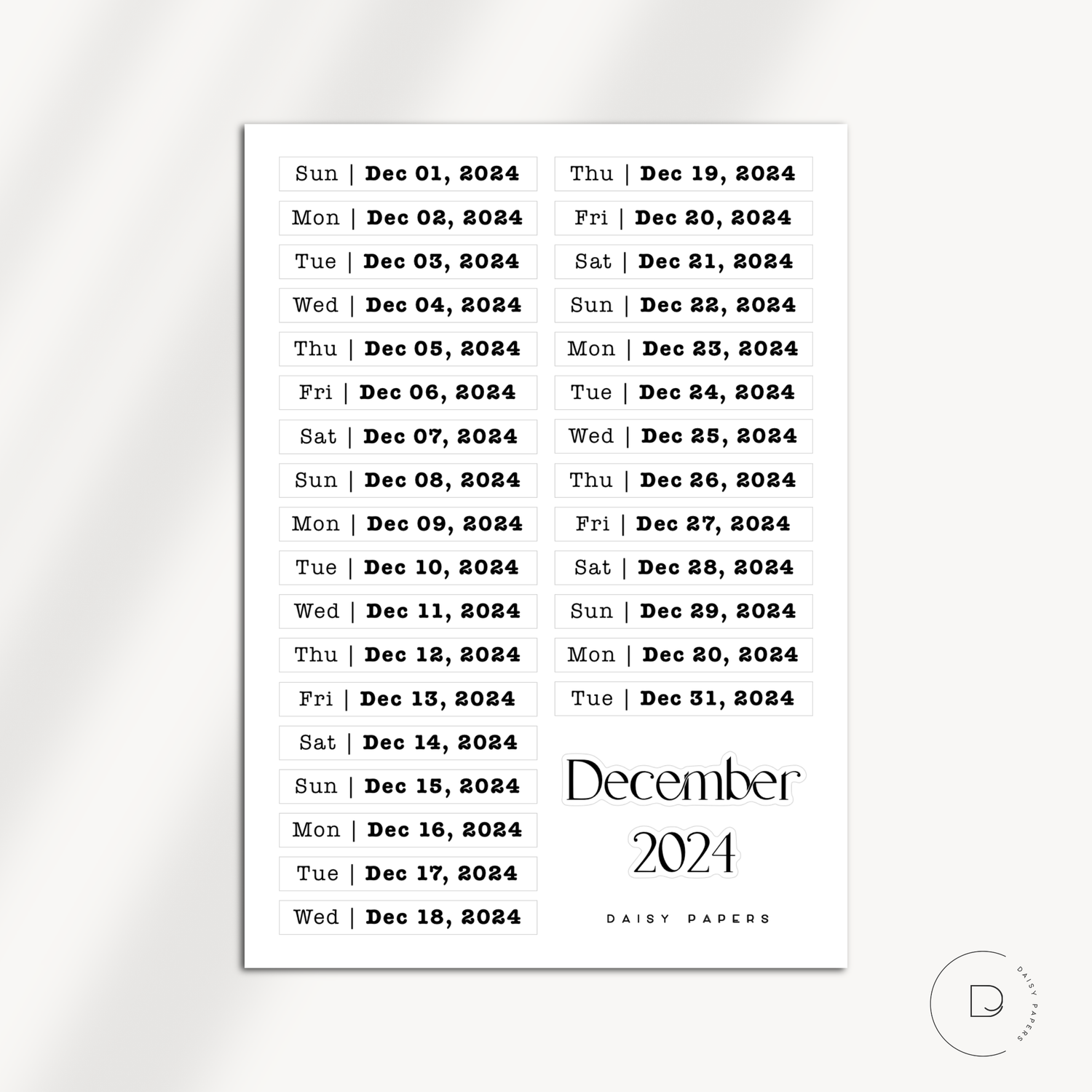 2024 Daily Date Labels - January to December