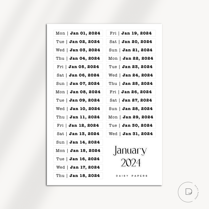 2024 Daily Date Labels - January to December