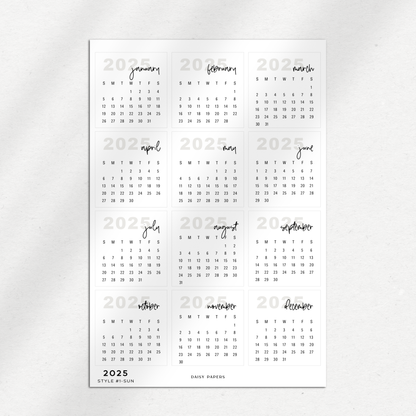 2025 Mini Calendars (Monday or Sunday Start)