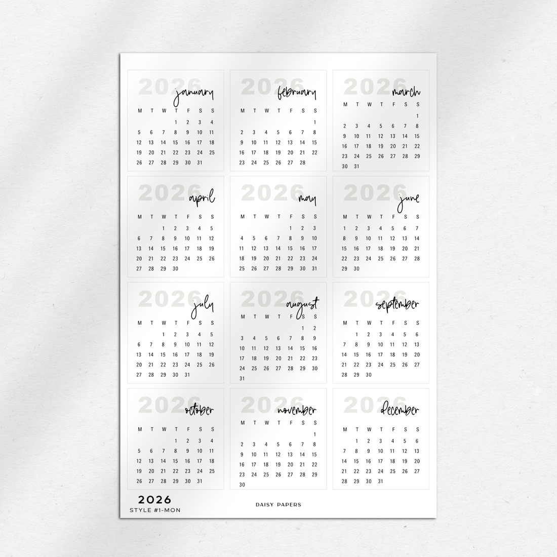 2026 Mini Calendars (Monday or Sunday Start)
