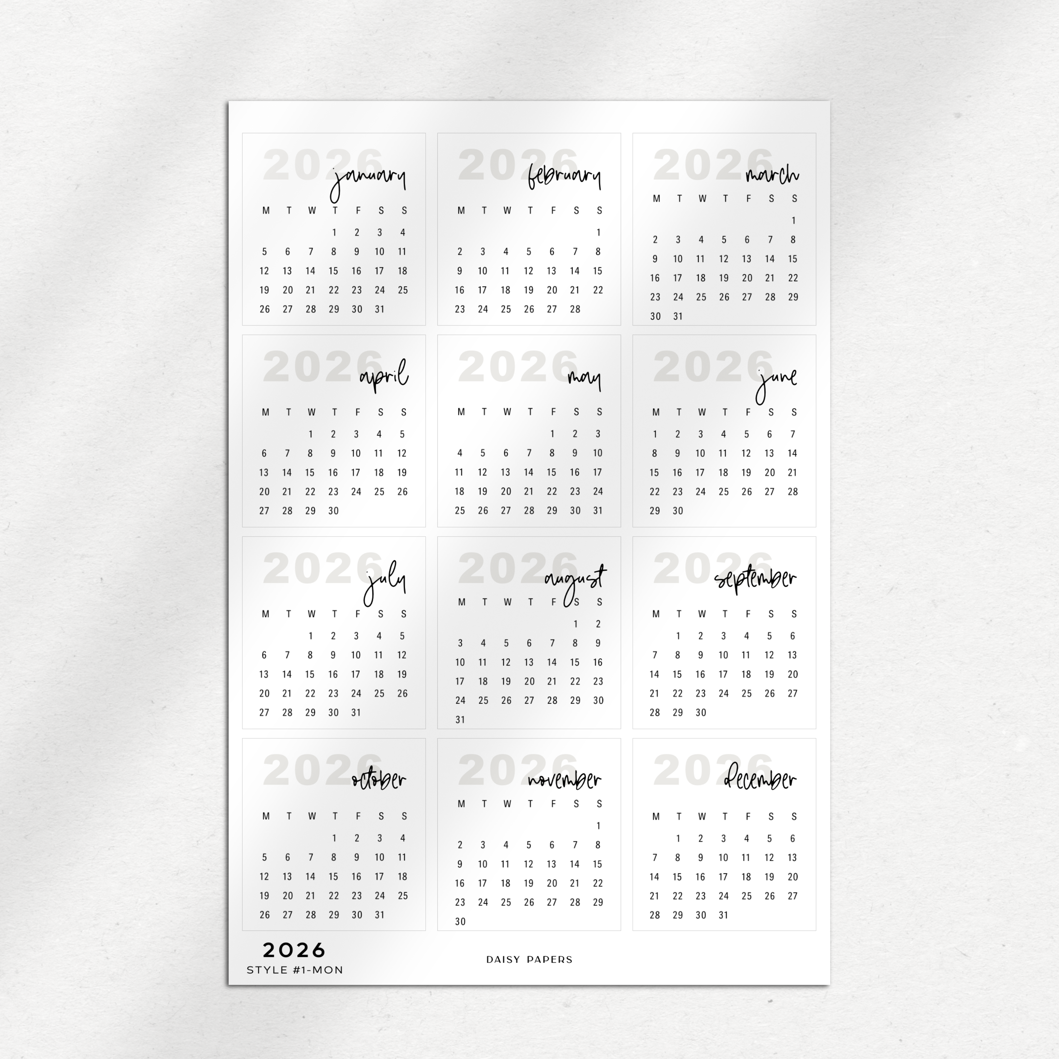 2026 Mini Calendars (Monday or Sunday Start)