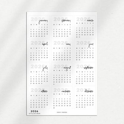 2026 Mini Calendars (Monday or Sunday Start)
