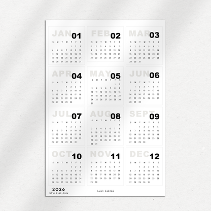2026 Mini Calendars (Monday or Sunday Start)