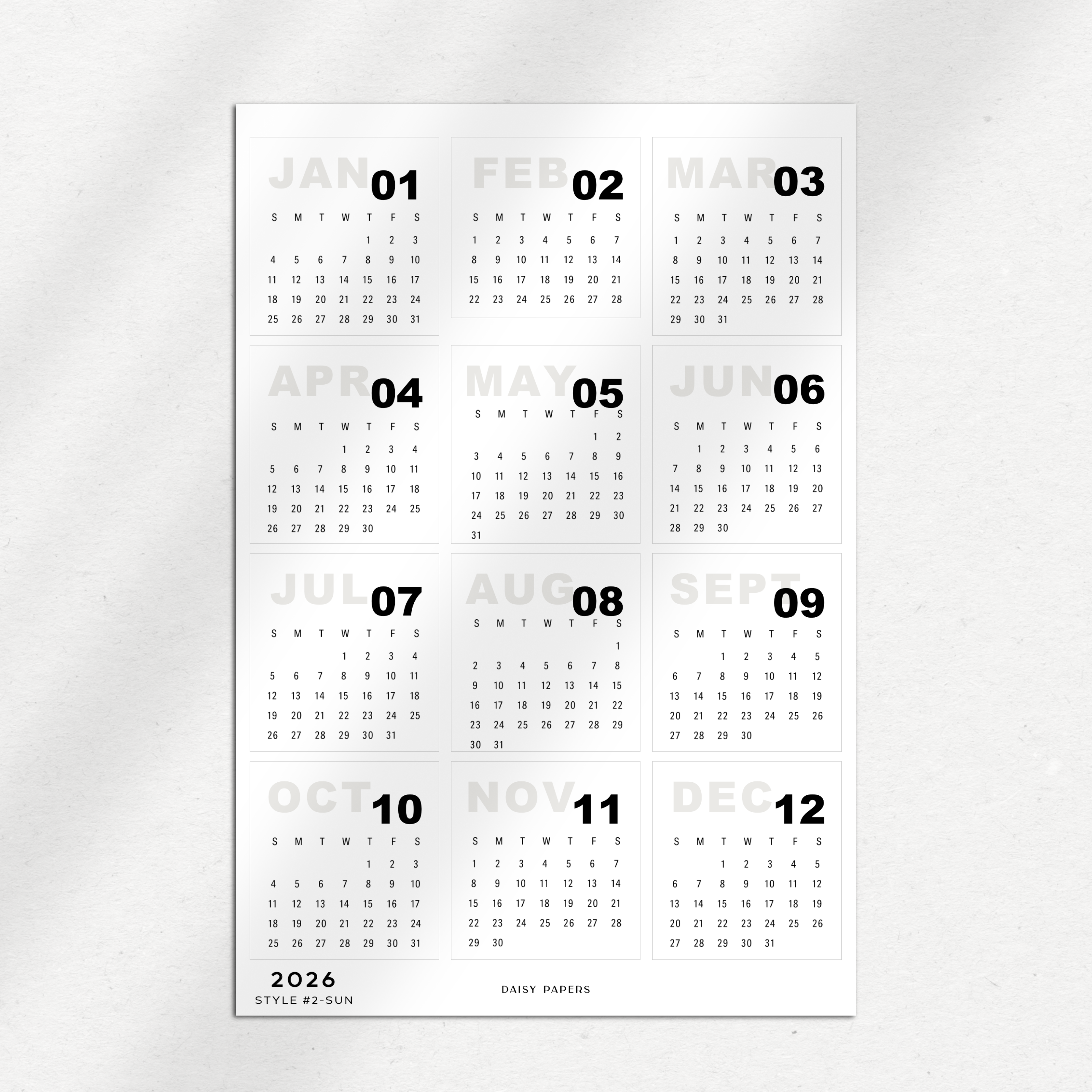 2026 Mini Calendars (Monday or Sunday Start)