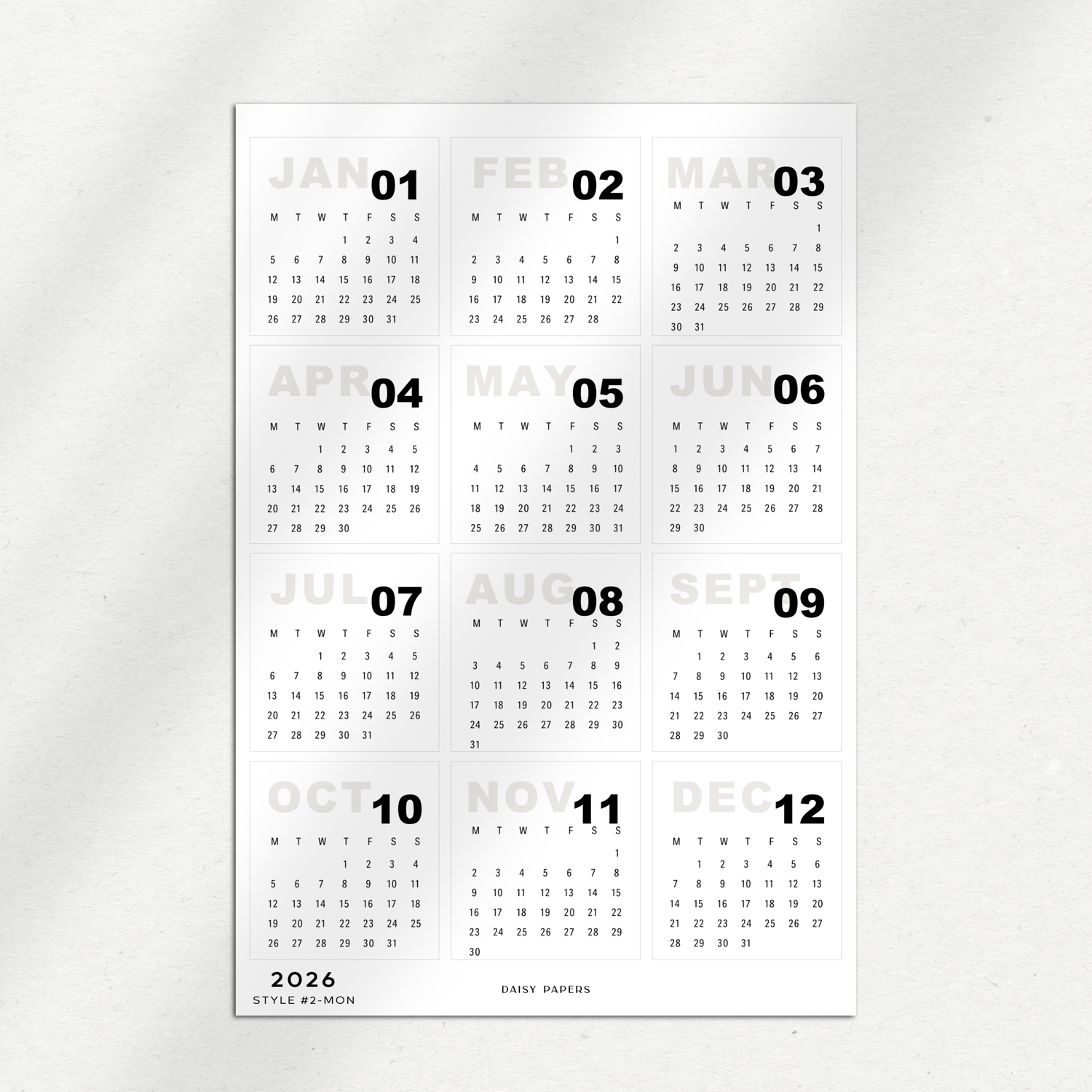 2026 Mini Calendars (Monday or Sunday Start)