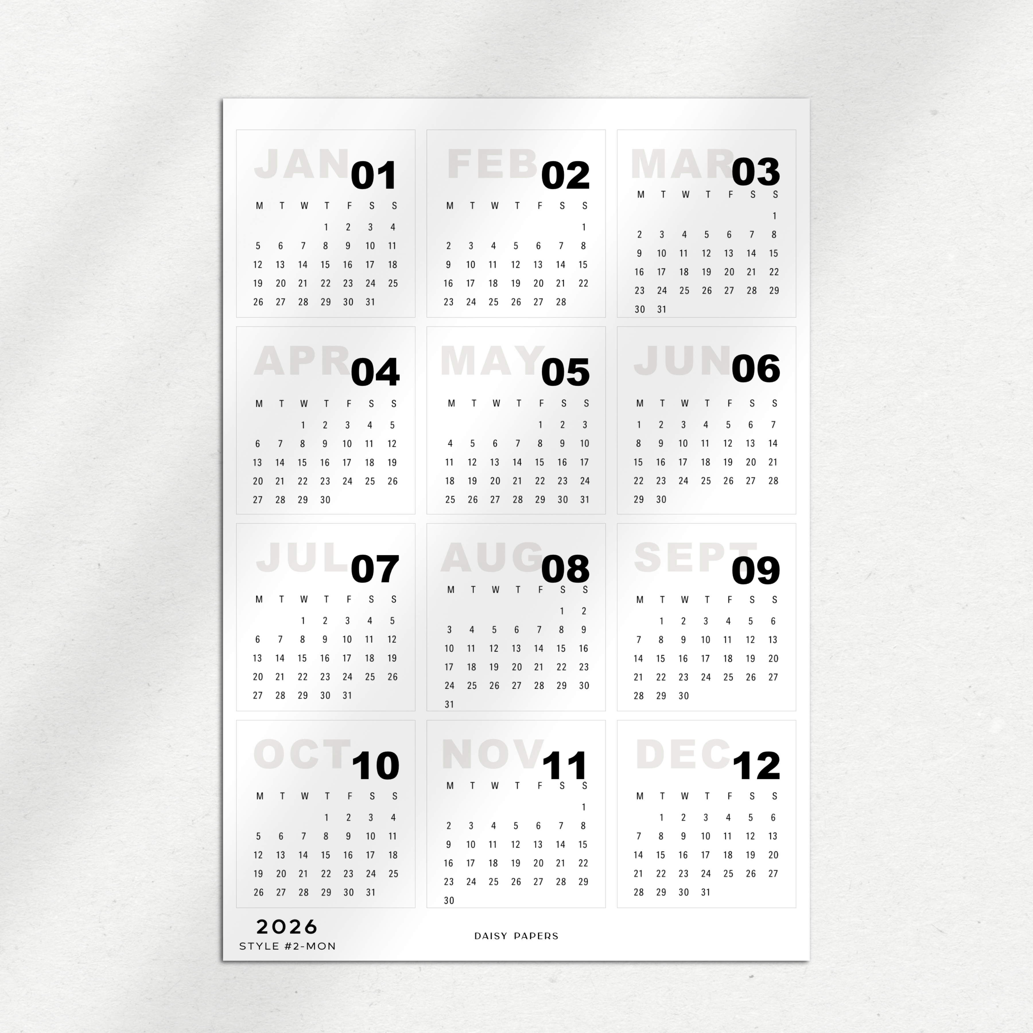 2026 Mini Calendars (Monday or Sunday Start)