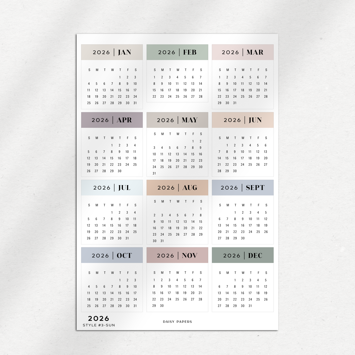 2026 Mini Calendars (Monday or Sunday Start)