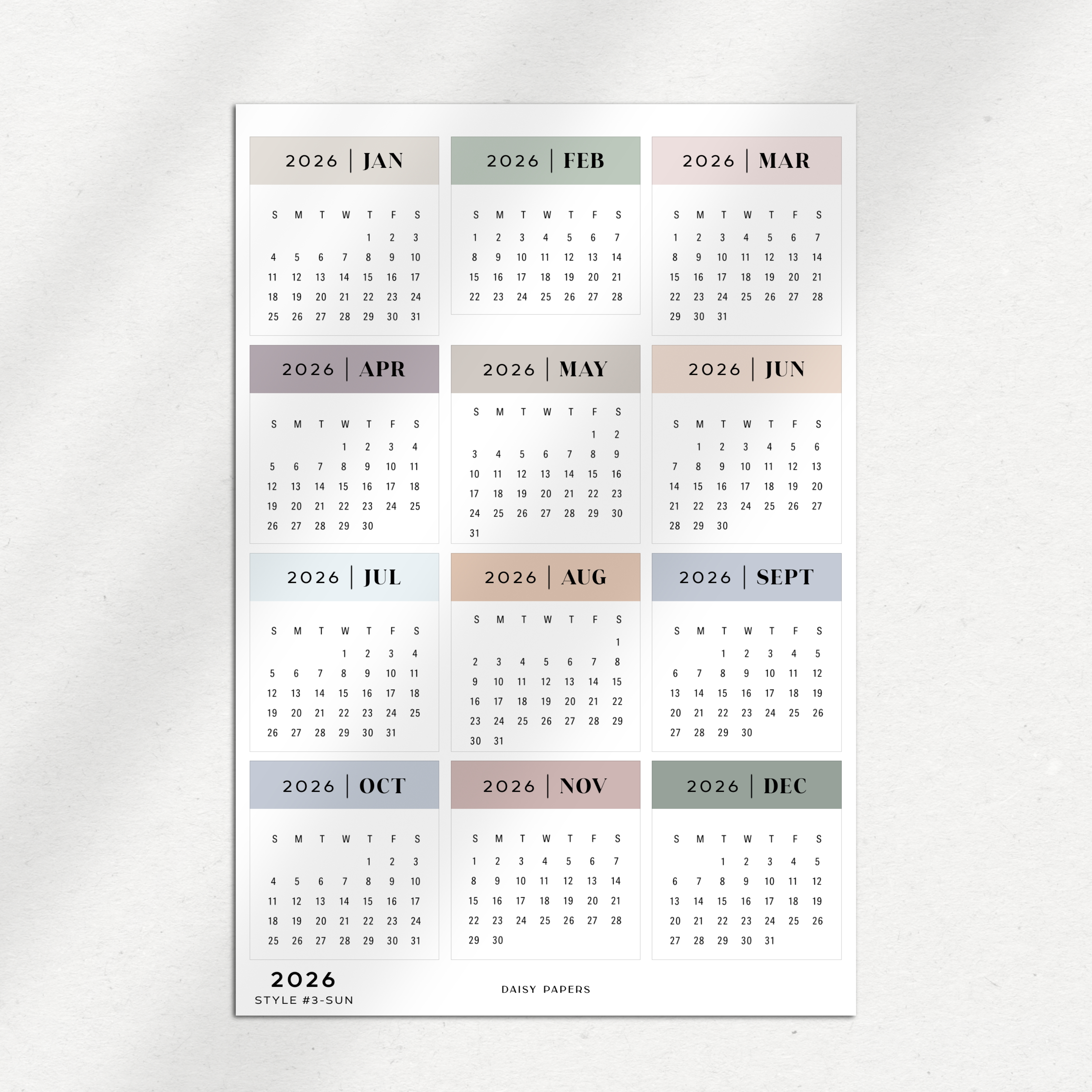 2026 Mini Calendars (Monday or Sunday Start)