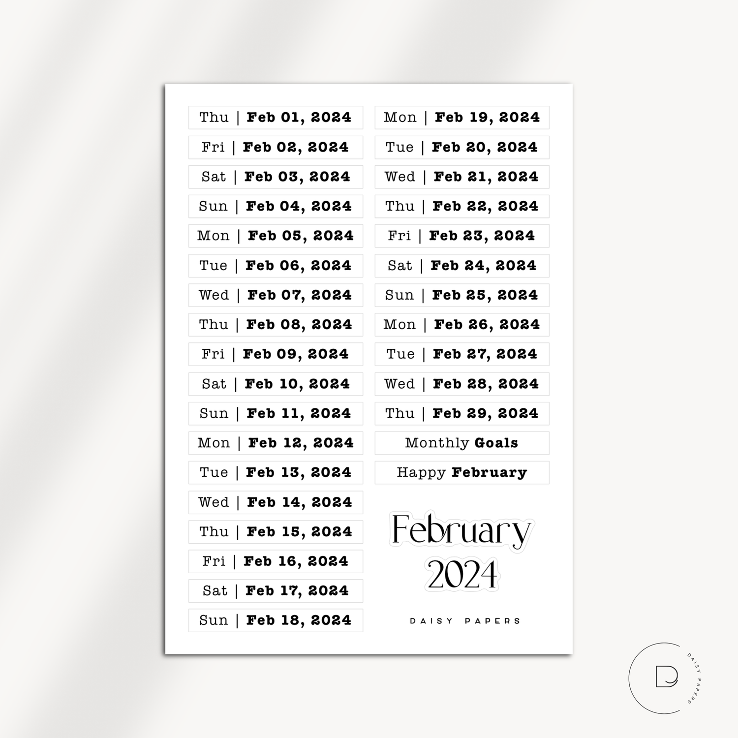 2024 Daily Date Labels - January to December