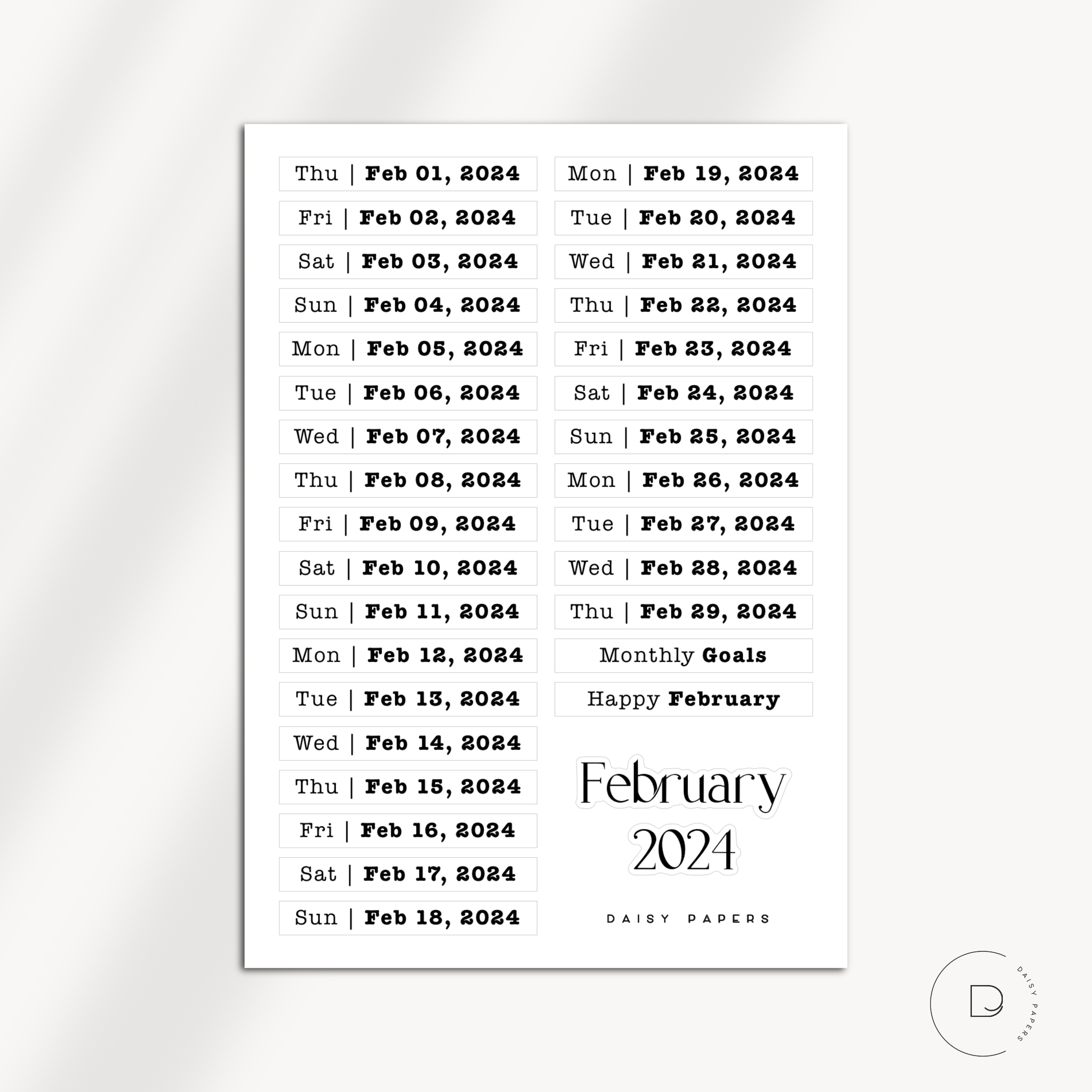 2024 Daily Date Labels - January to December