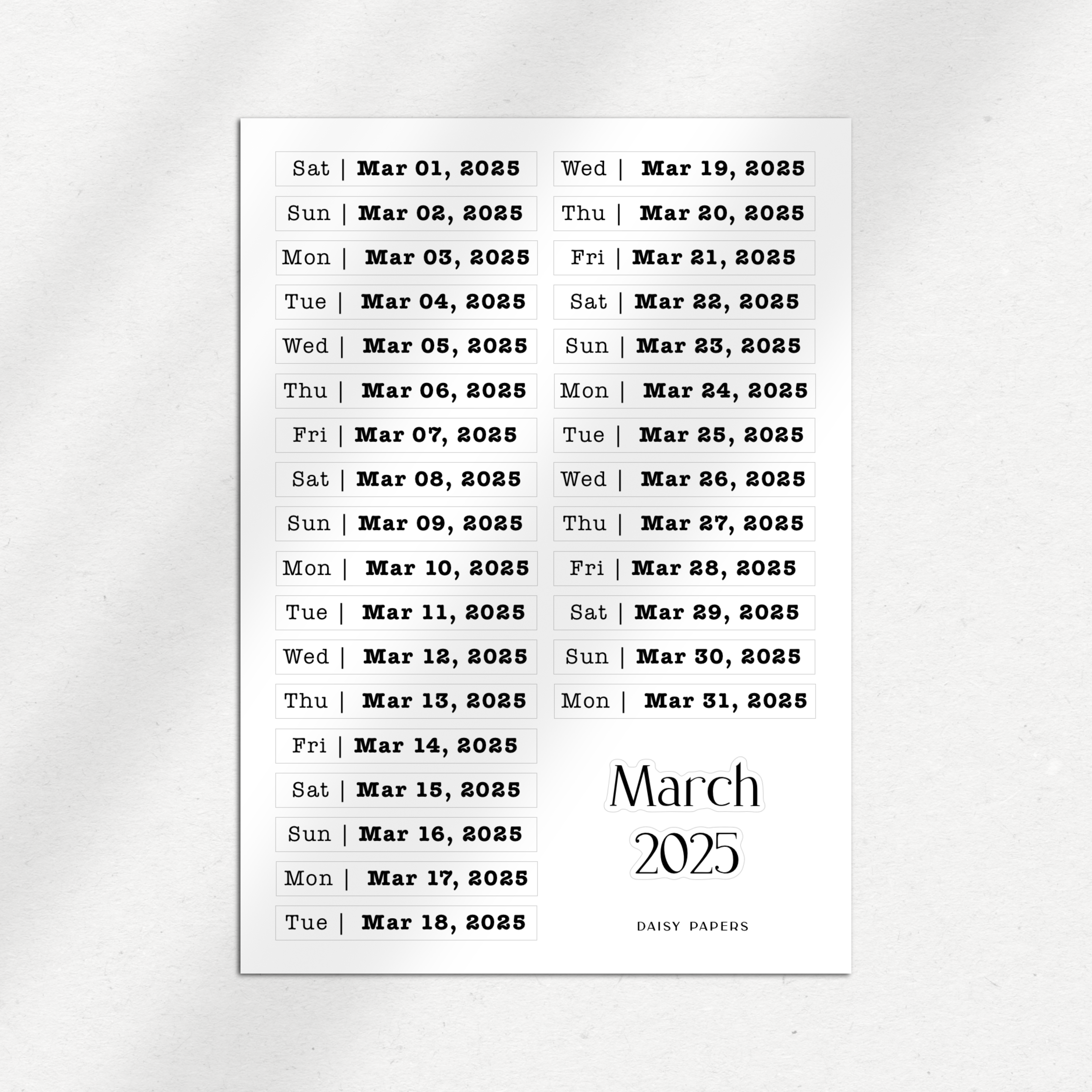 2025 Daily Date Labels - January to December