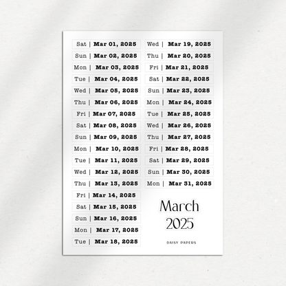 2025 Daily Date Labels - January to December