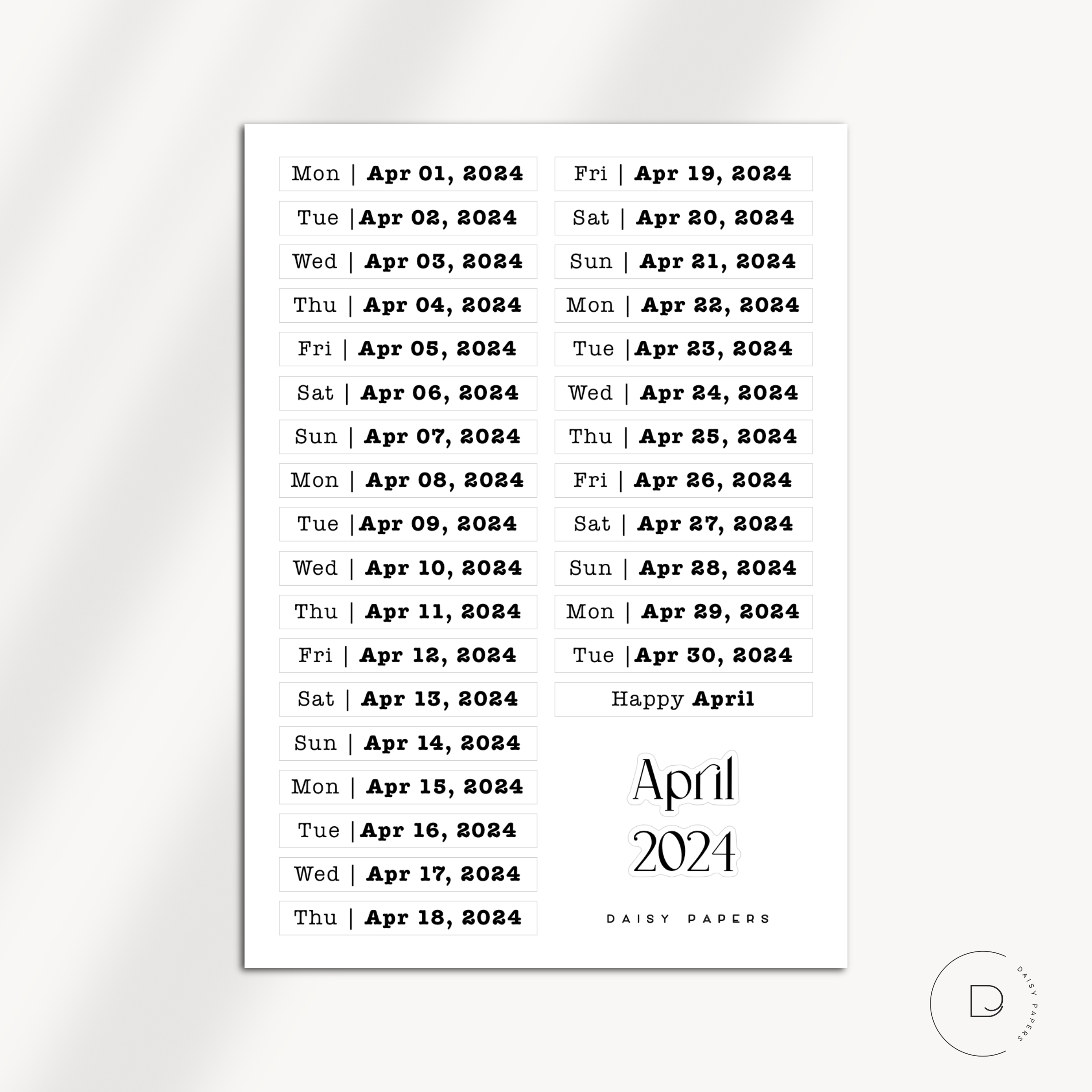 2024 Daily Date Labels - January to December