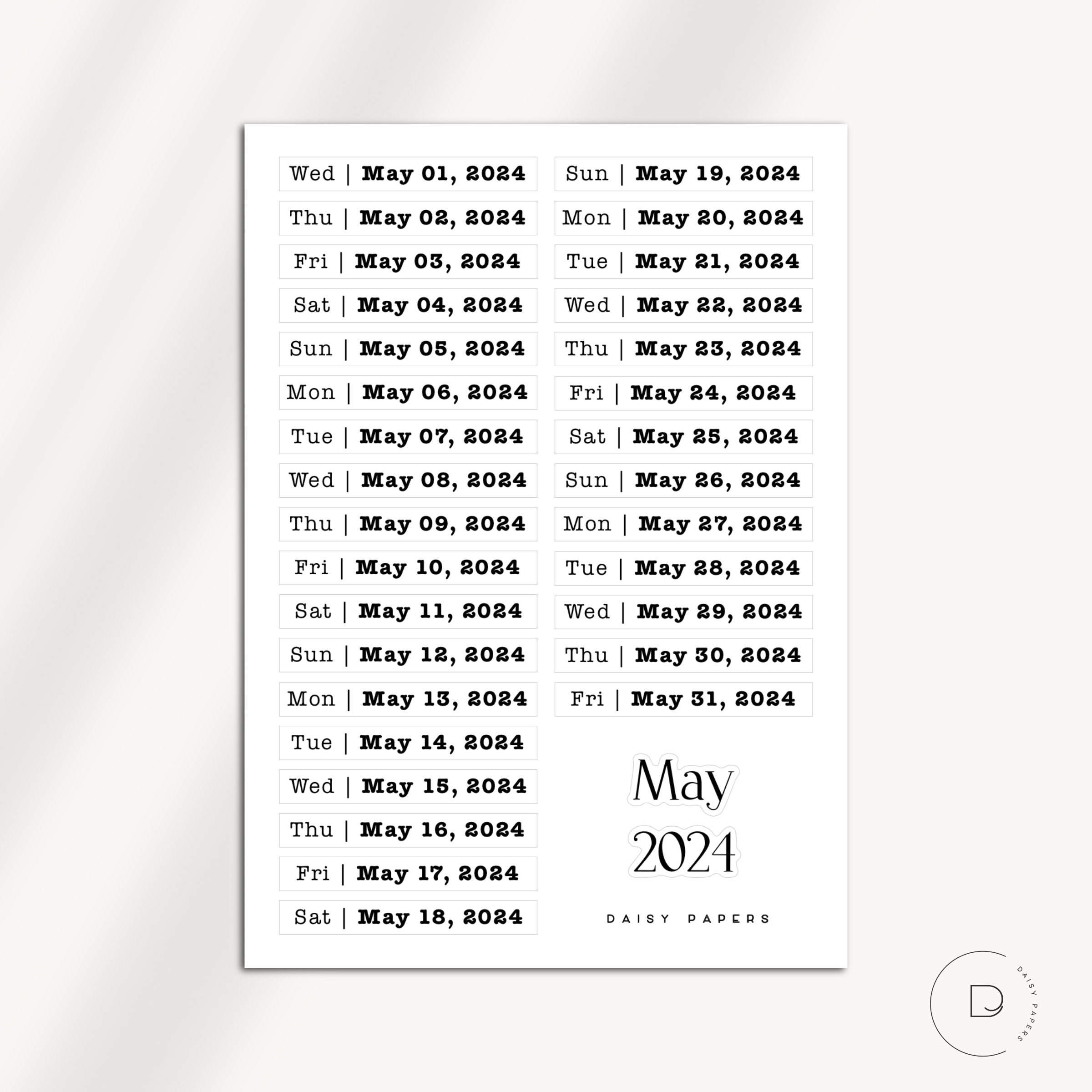 2024 Daily Date Labels - January to December