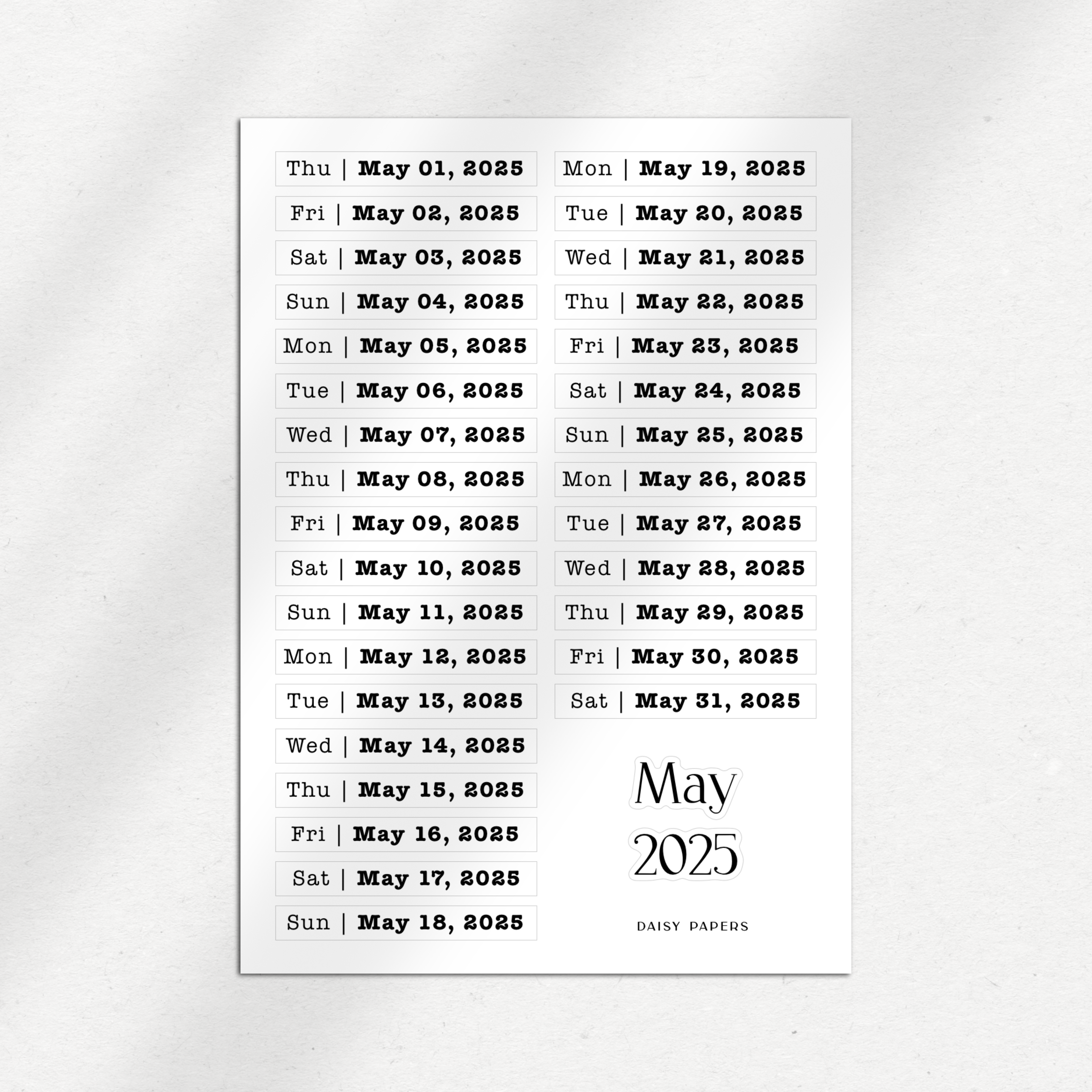 2025 Daily Date Labels - January to December