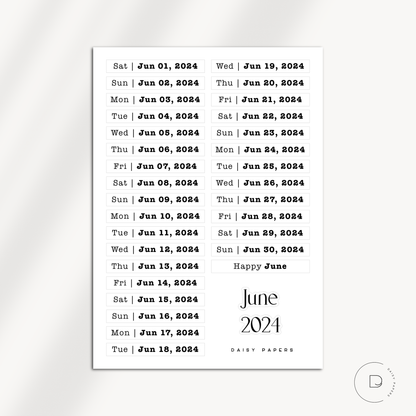 2024 Daily Date Labels - January to December