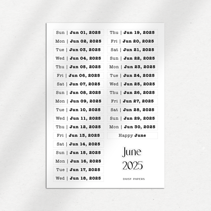 2025 Daily Date Labels - January to December