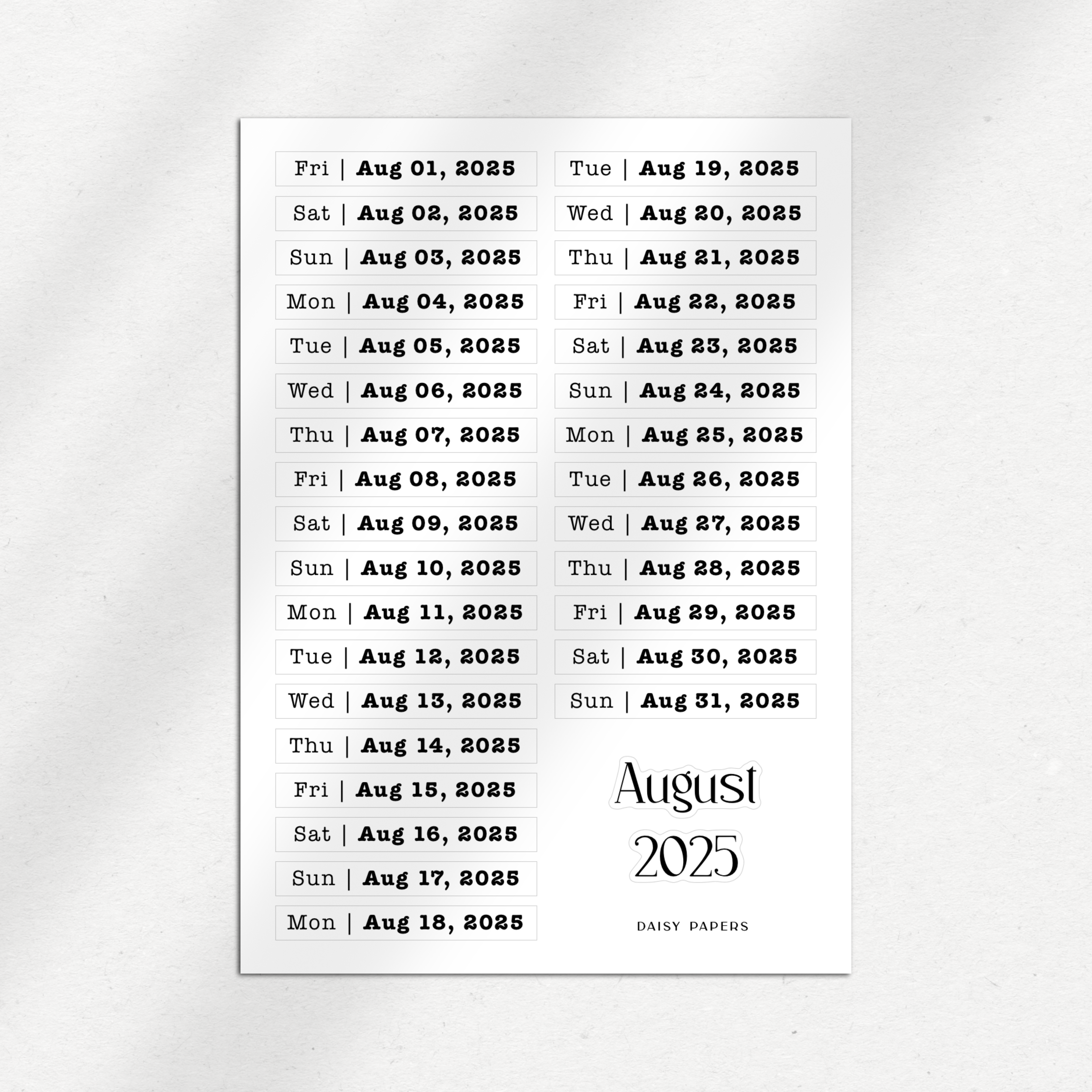 2025 Daily Date Labels - January to December