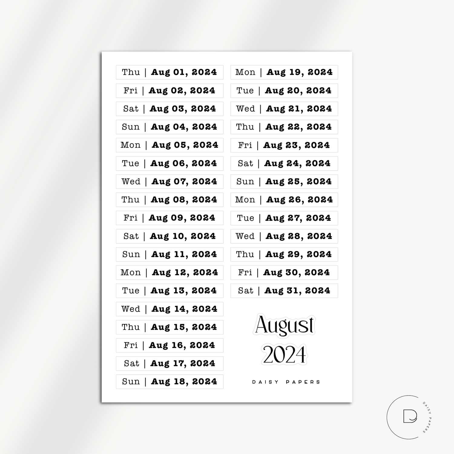 2024 Daily Date Labels - January to December