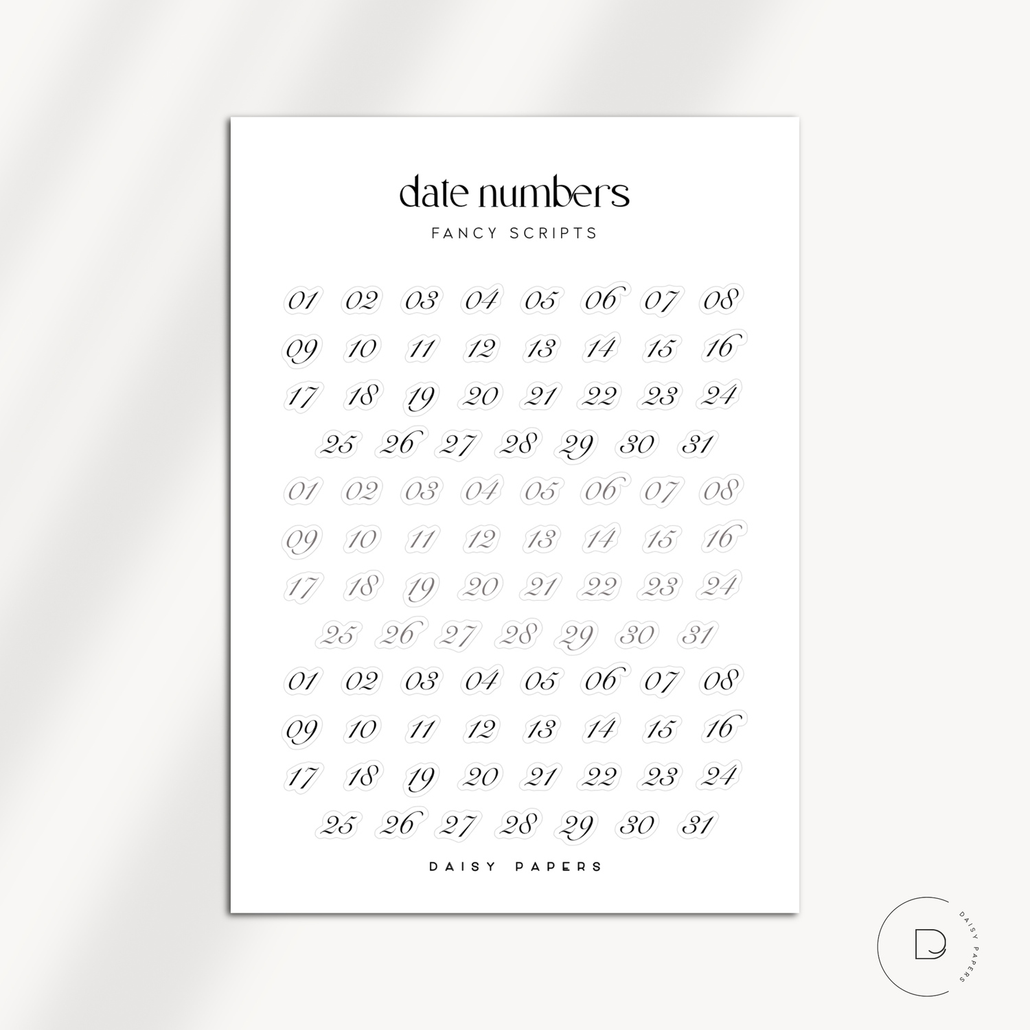 DATE NUMBERS - OUTLINE / FANCY SCRIPTS