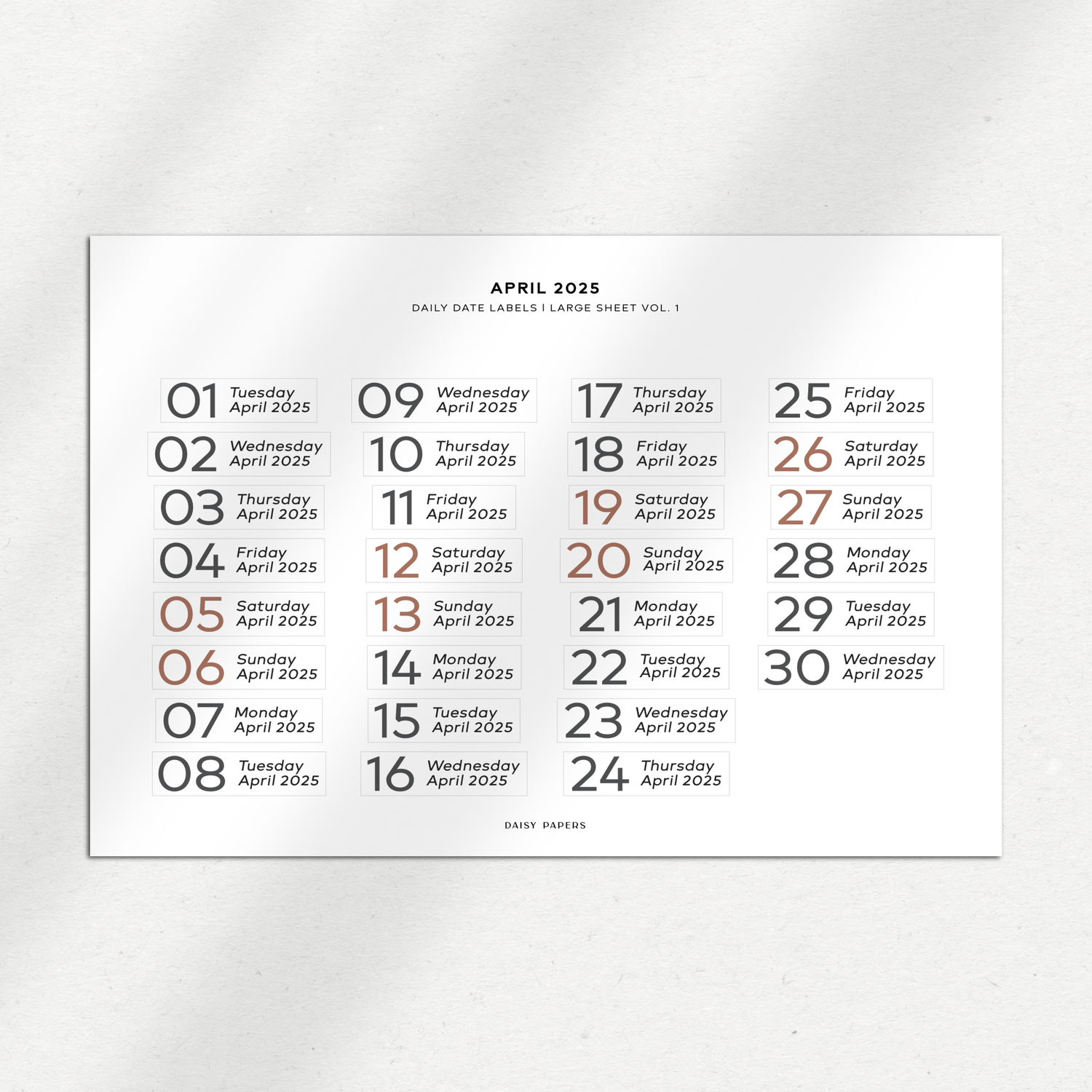 2025 Daily Date Labels - Large Sheet Vol. 1 - January to December