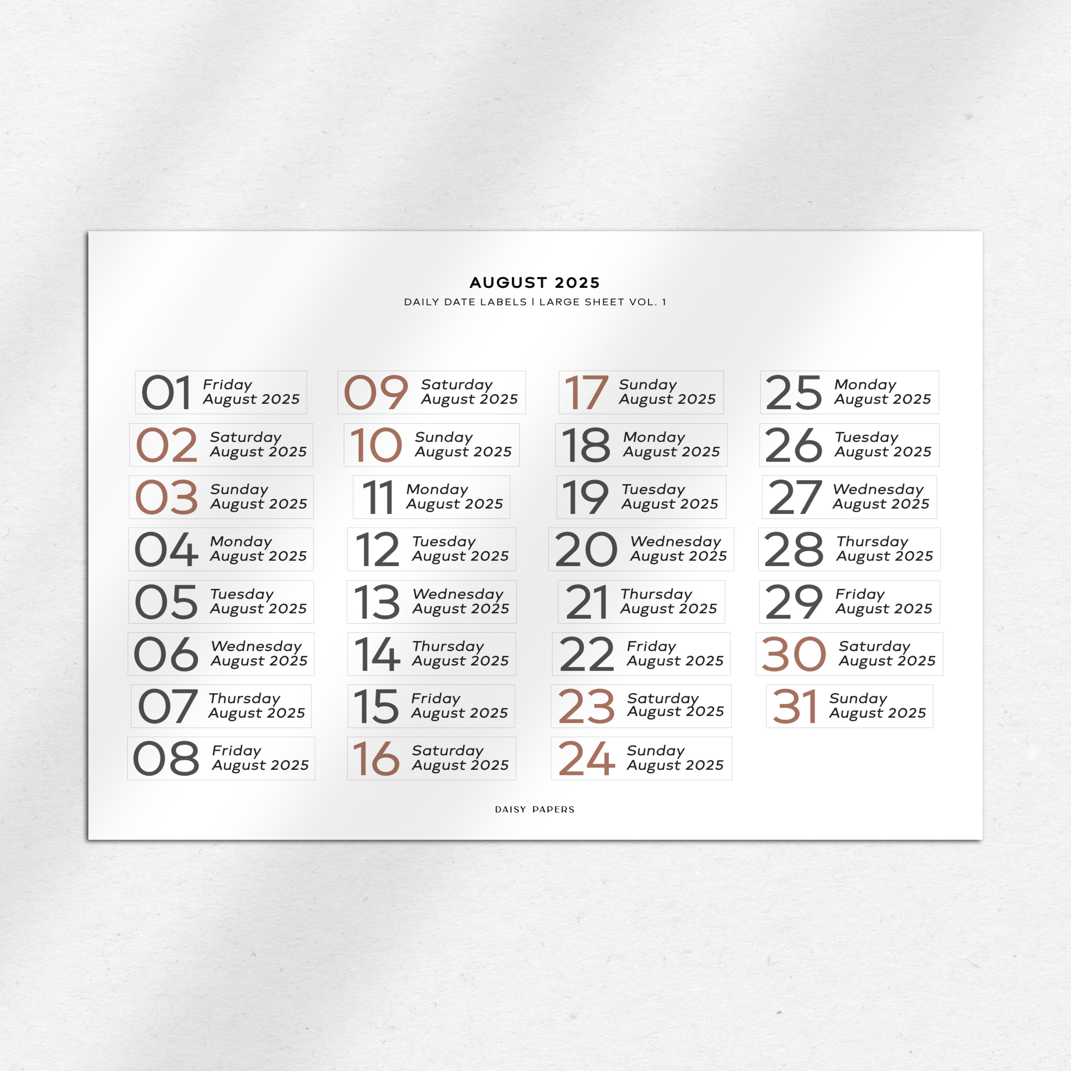 2025 Daily Date Labels - Large Sheet Vol. 1 - January to December