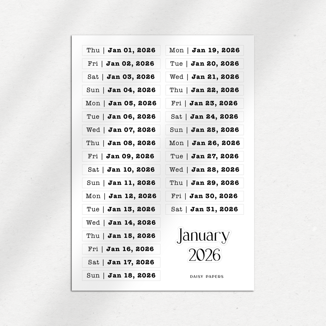 2026 Daily Date Labels - January to December