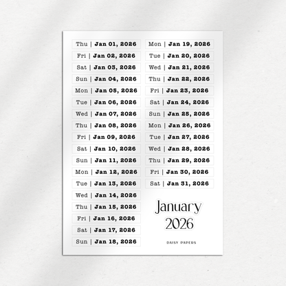 2026 Daily Date Labels - January to December