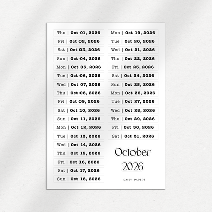 2026 Daily Date Labels - January to December