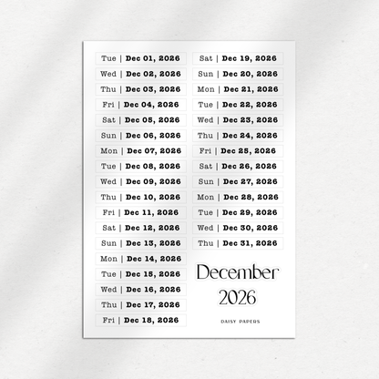 2026 Daily Date Labels - January to December