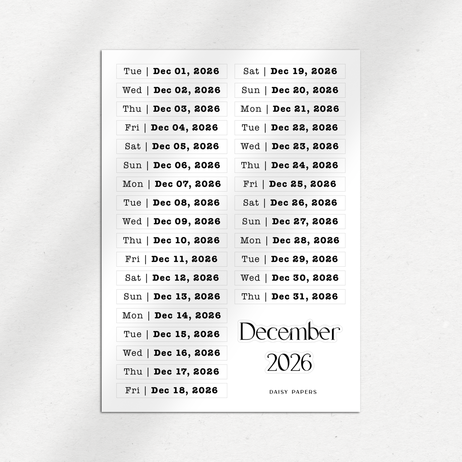 2026 Daily Date Labels - January to December