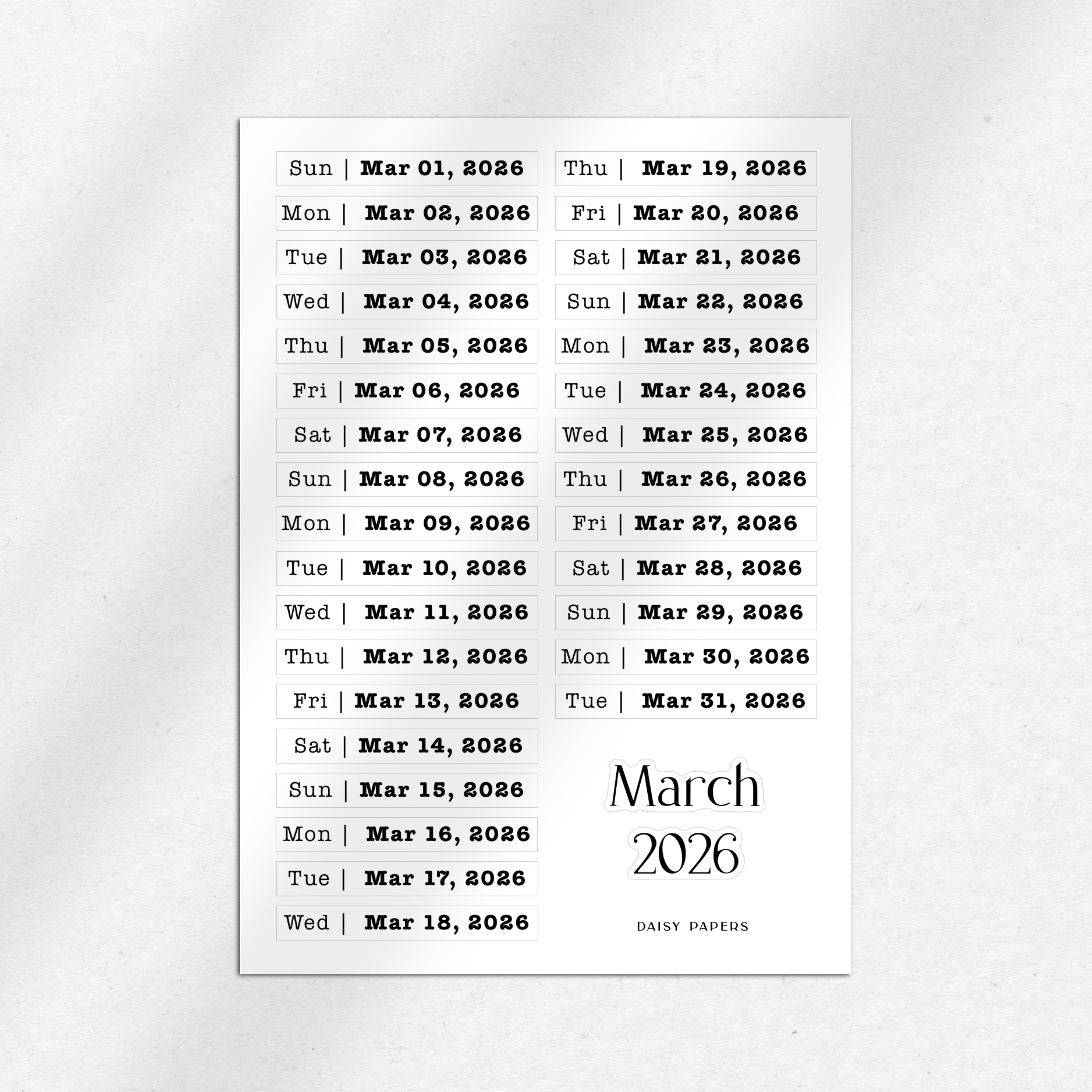 2026 Daily Date Labels - January to December