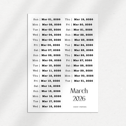 2026 Daily Date Labels - January to December