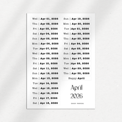 2026 Daily Date Labels - January to December