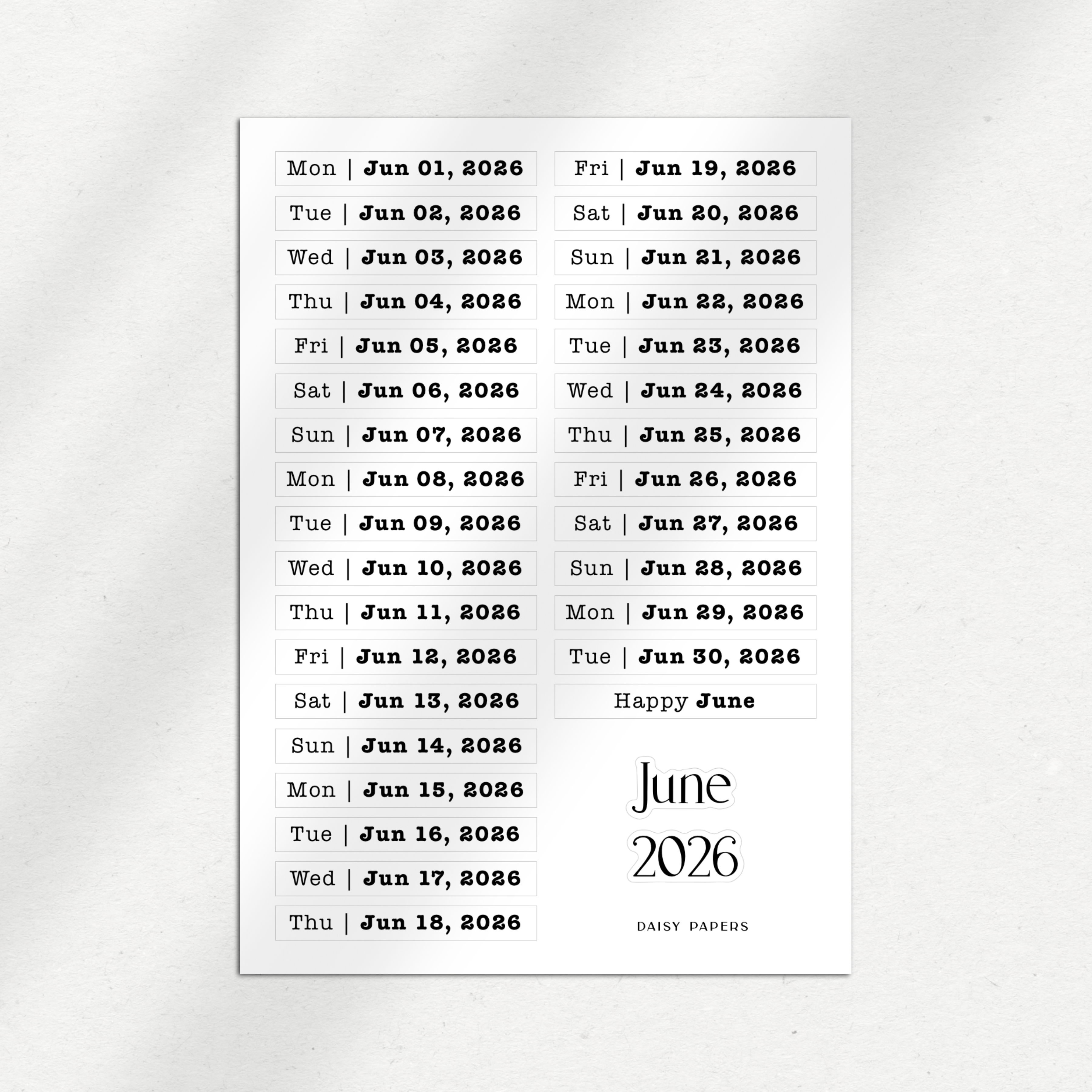 2026 Daily Date Labels - January to December