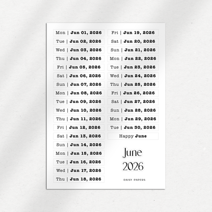 2026 Daily Date Labels - January to December