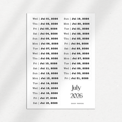2026 Daily Date Labels - January to December