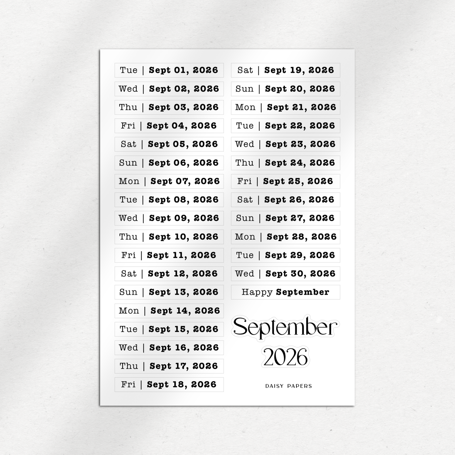2026 Daily Date Labels - January to December