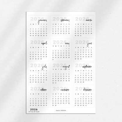 2026 Mini Calendars (Monday or Sunday Start)