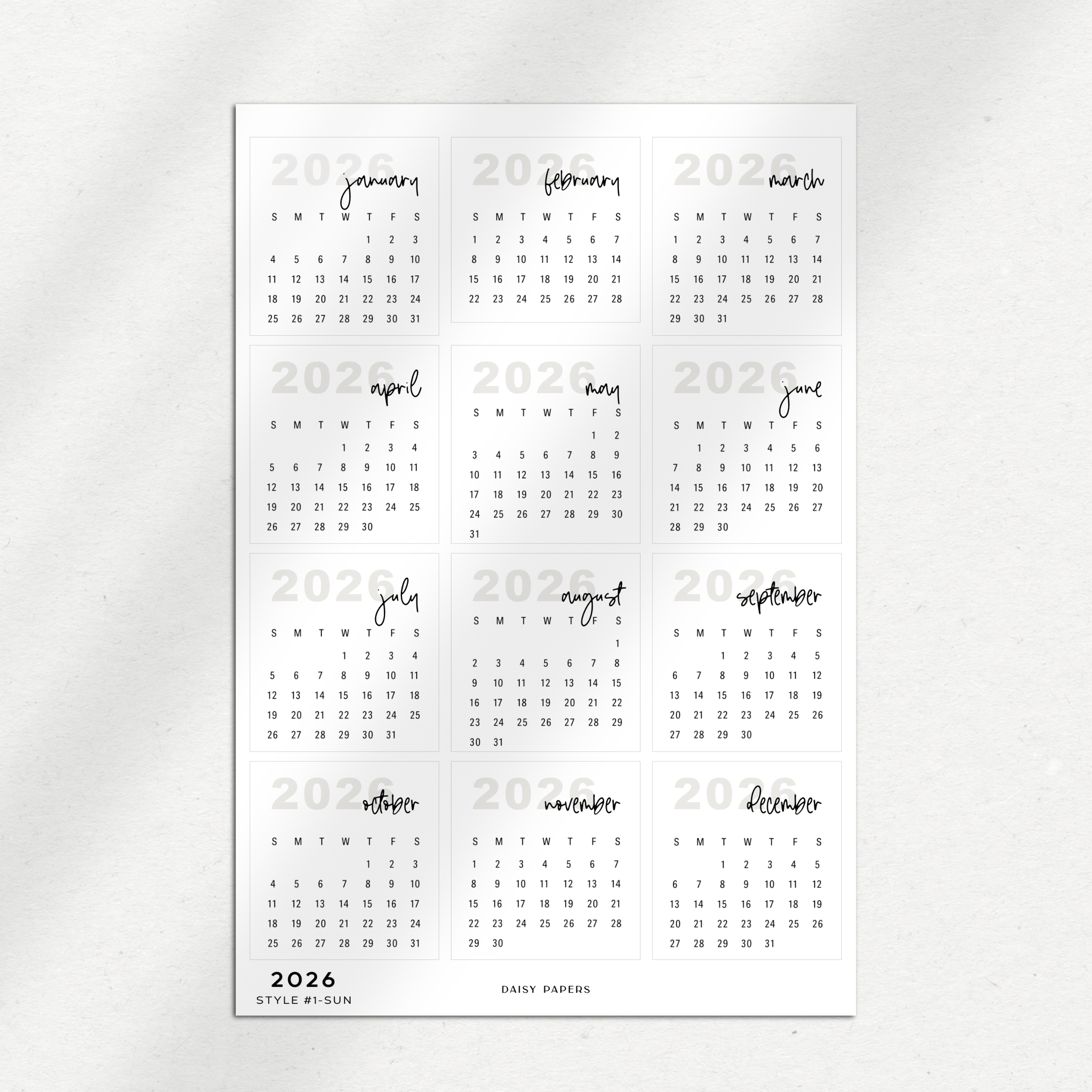 2026 Mini Calendars (Monday or Sunday Start)